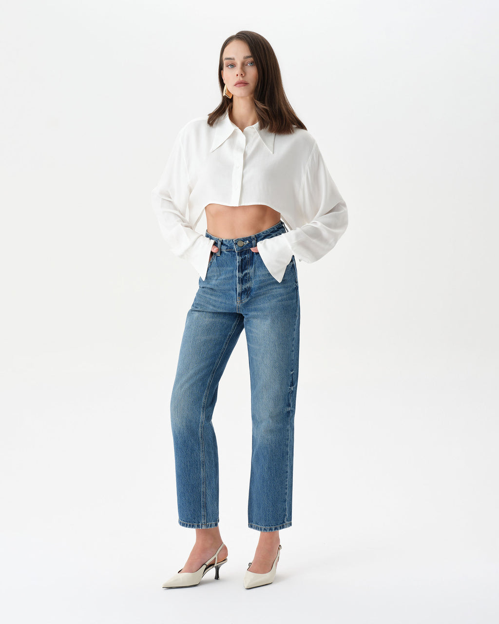 White Extra Long Sleeve Oversized Crop Shirt