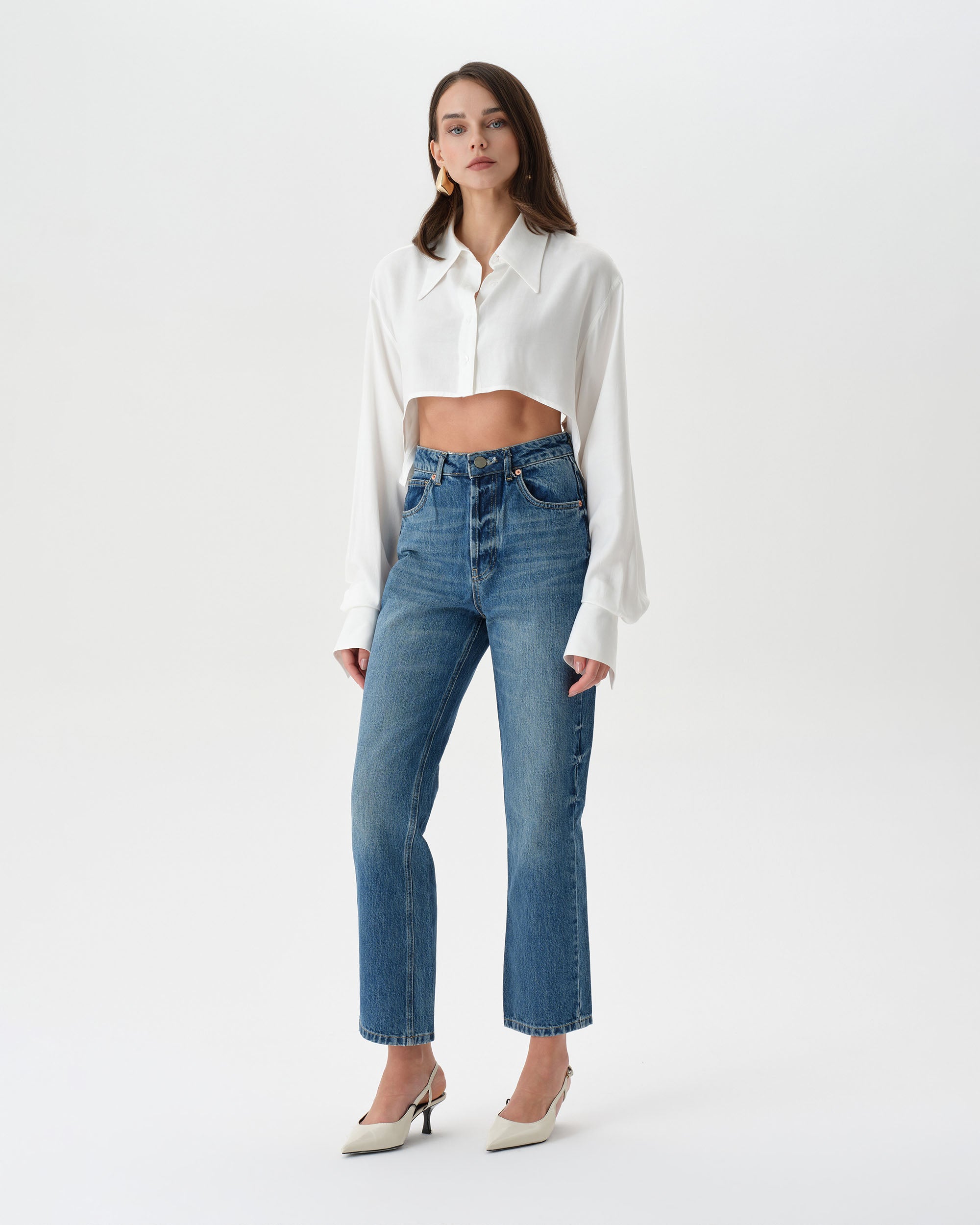 White Extra Long Sleeve Oversized Crop Shirt