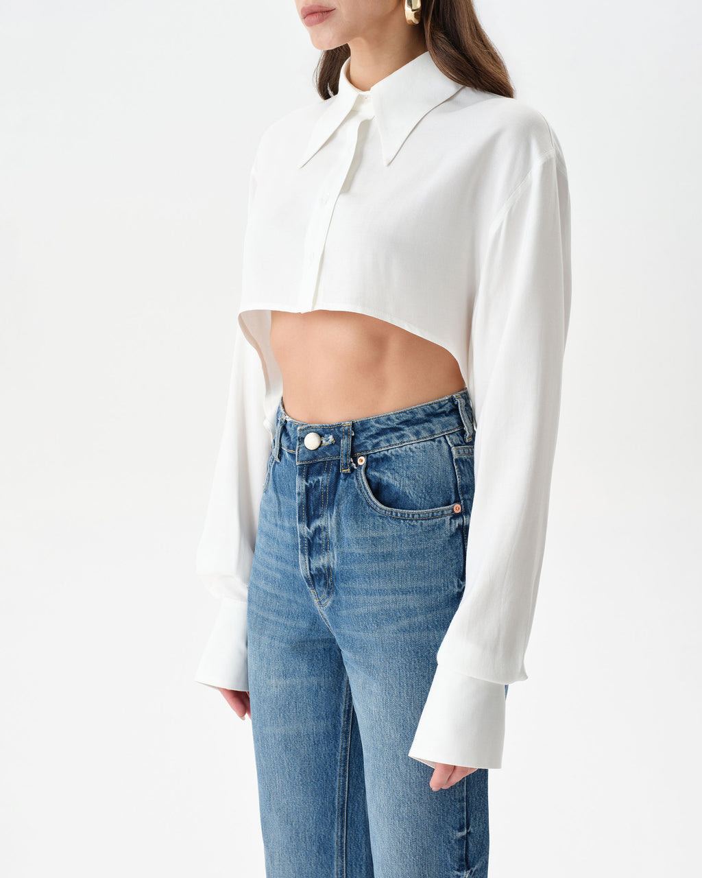 White Extra Long Sleeve Oversized Crop Shirt